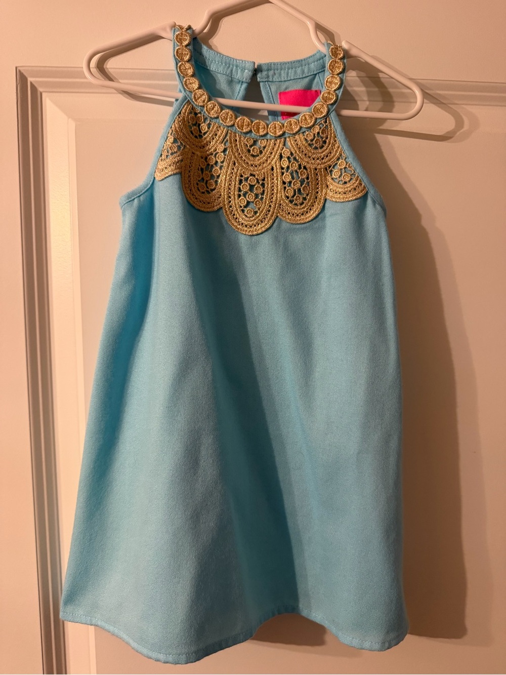 NWOT Lilly Pulitzer Light Blue Halter Dress with Gold Lace Yoke SIZE 3